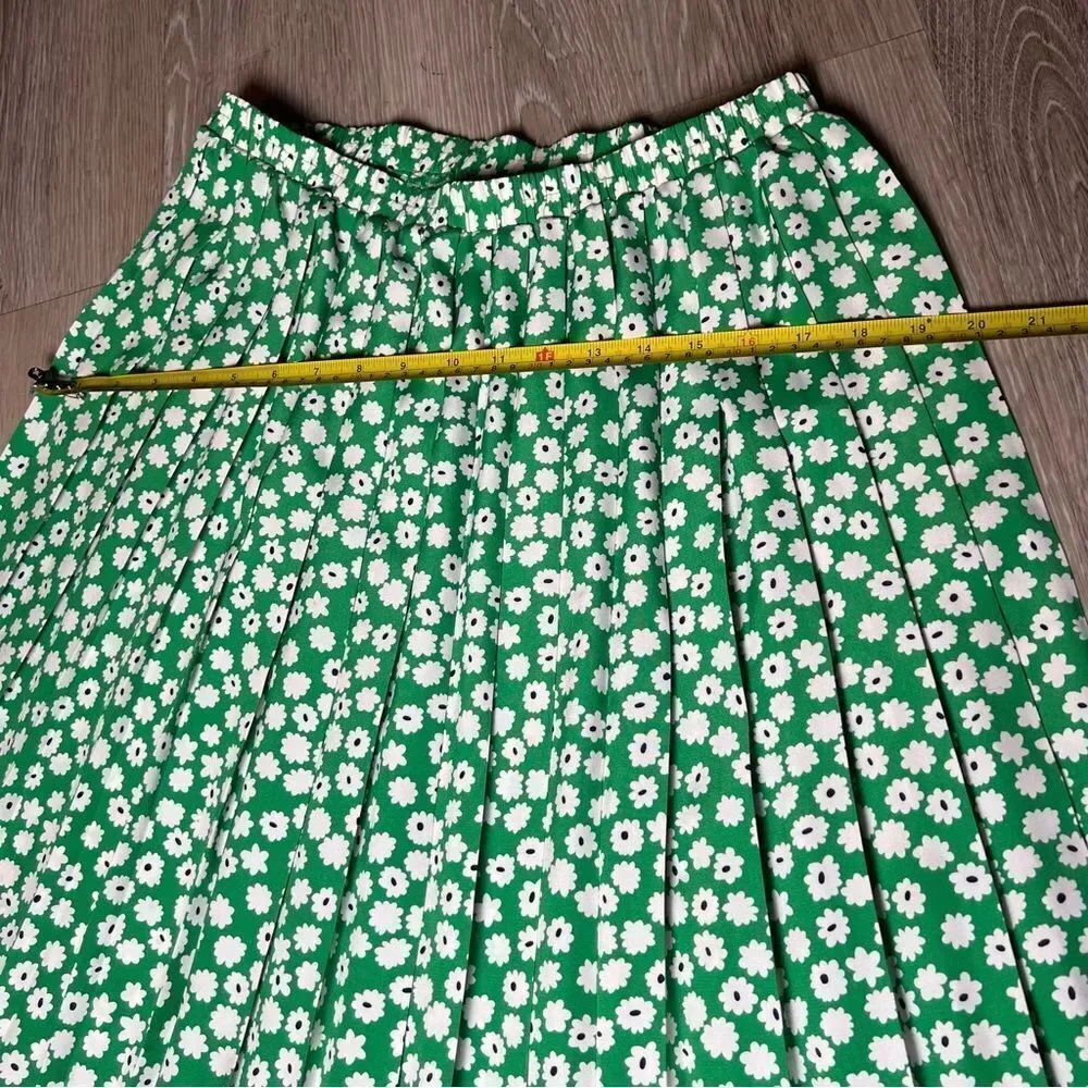 Vtg 90s Andrea Gayle Green Pleated Black White Floral Maxi Skirt 14.5” 12 M L